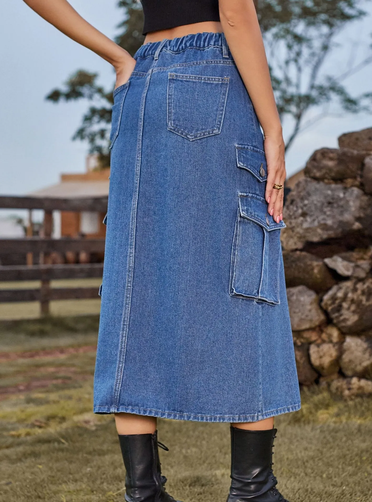Elastic Waist Denim Casual Long Skirt