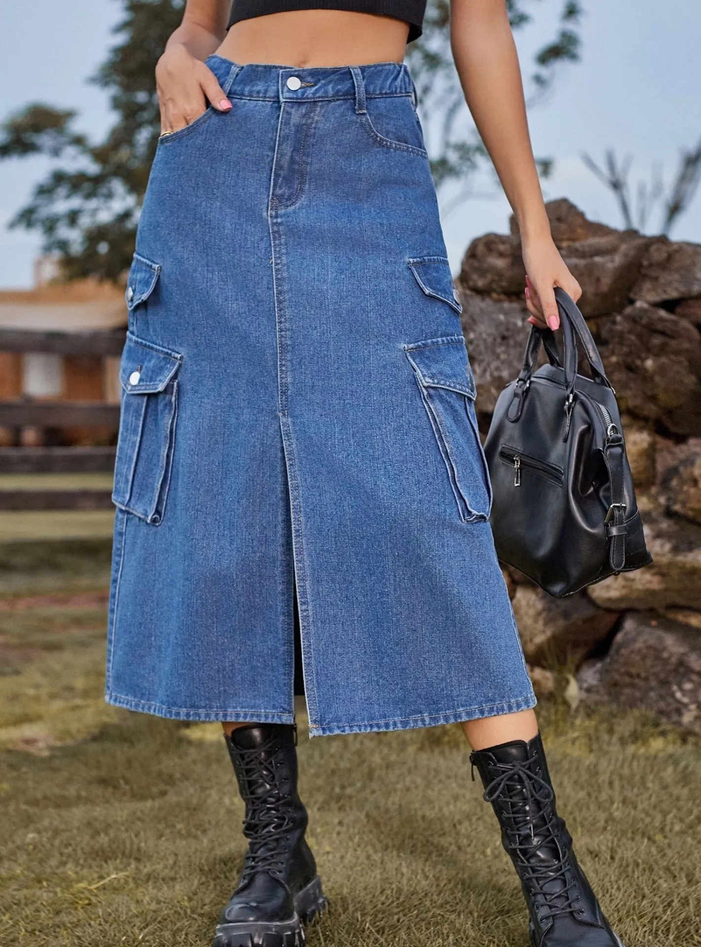 Elastic Waist Denim Casual Long Skirt