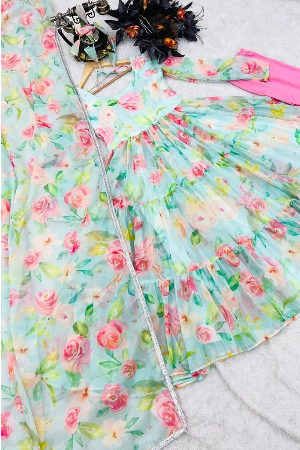 Flower Print Gown Dress For Girls