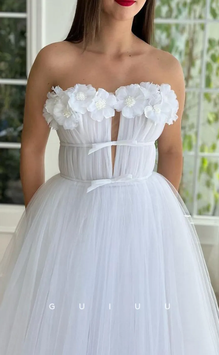 G2790 - A-Line V-Neck Floral Embossed White Tulle Long Prom Evening Dress