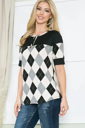 Grey Argyle Button Front Tee