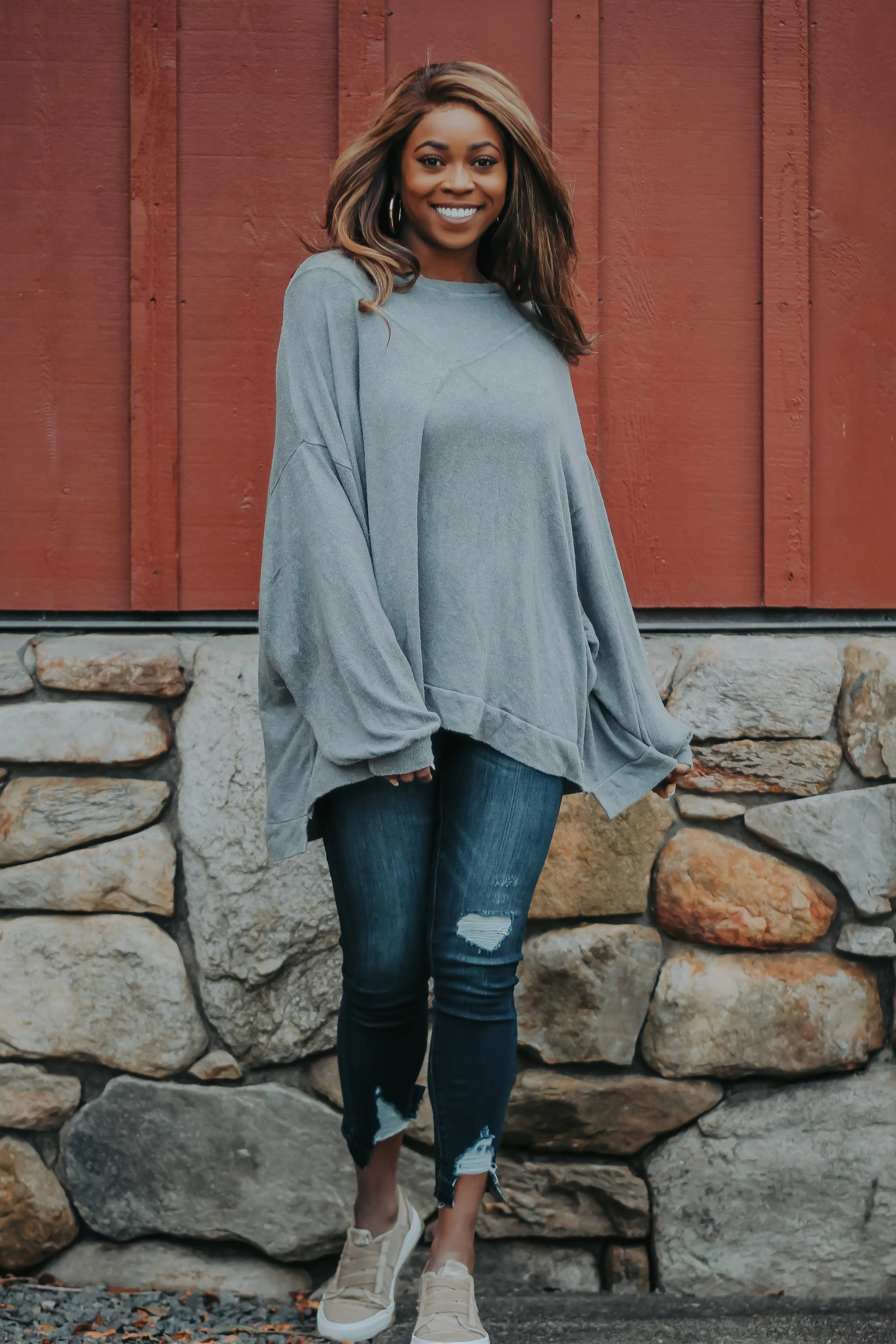 Grey Soft Knit Oversized Pullover Top