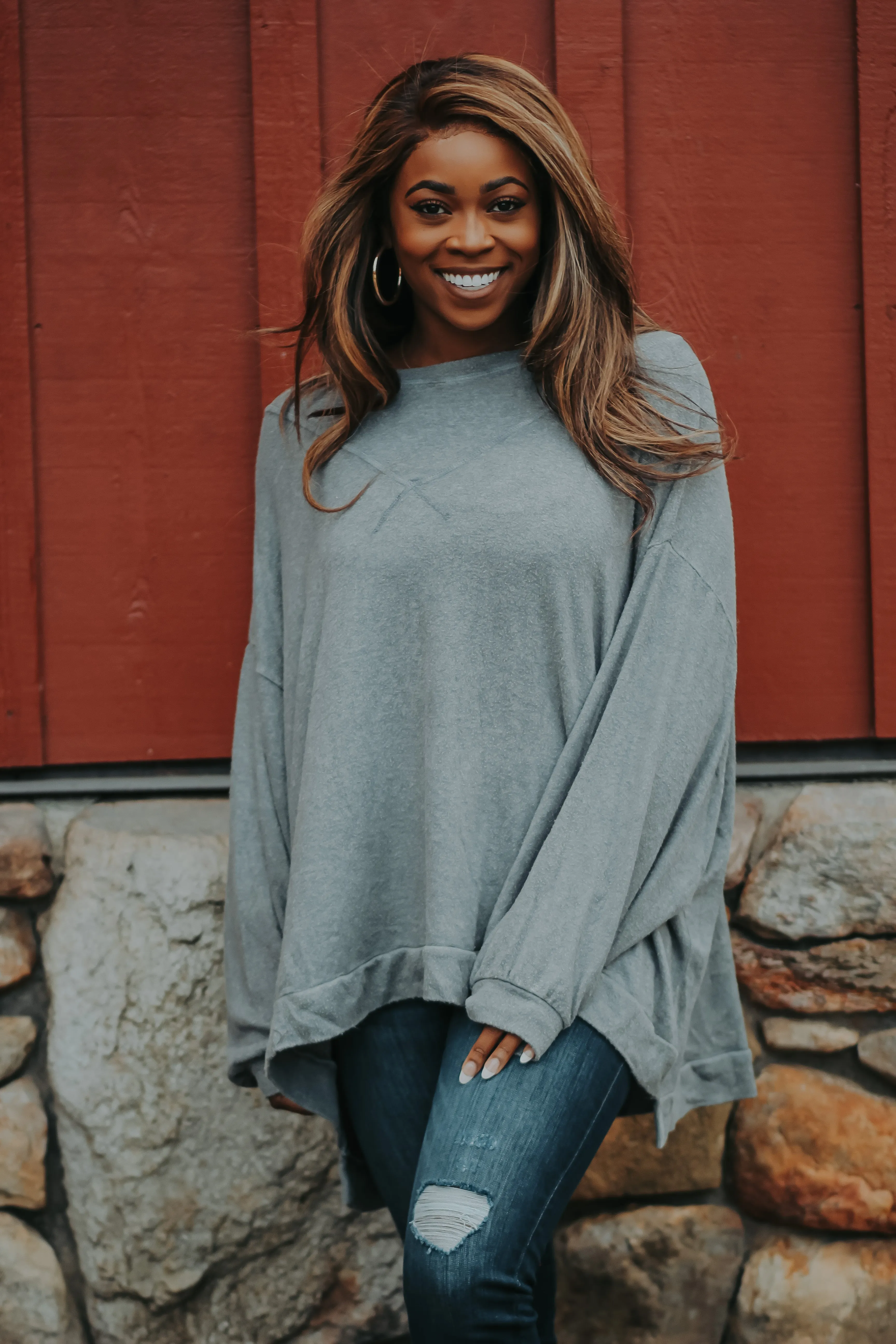 Grey Soft Knit Oversized Pullover Top
