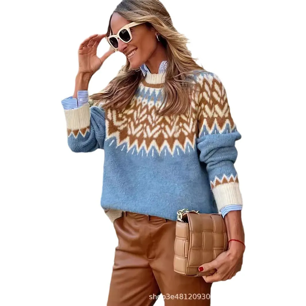 Ivyshape | Crew Neck Icelandic Christmas Knit Pullover Sweater