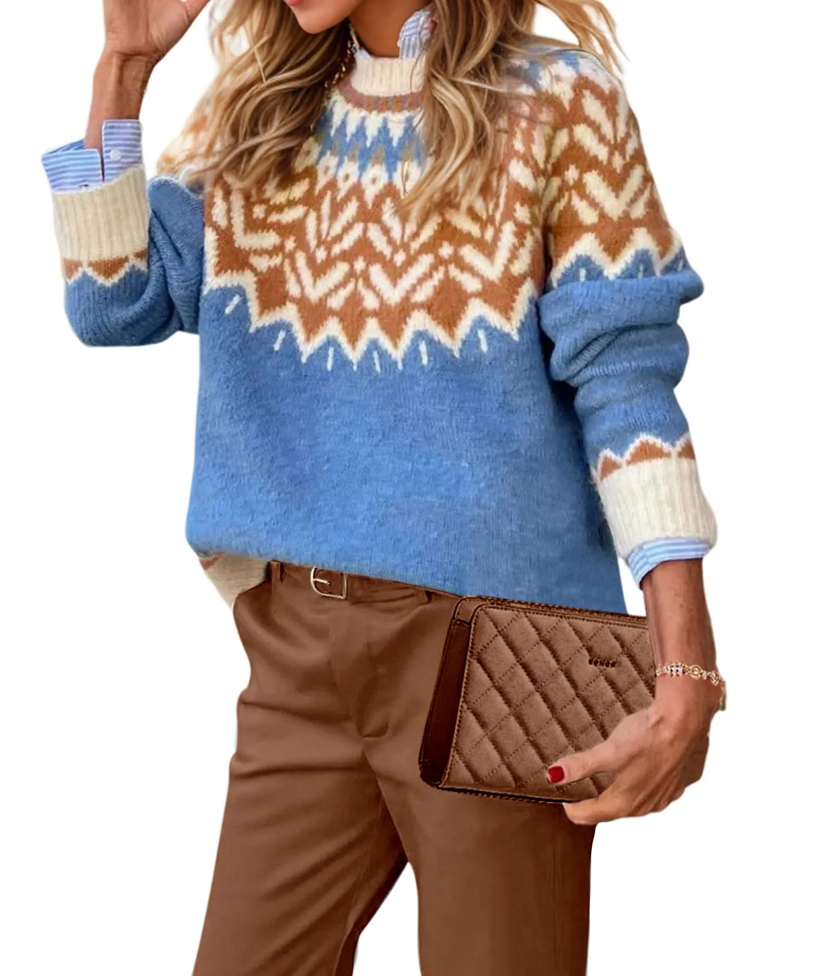 Ivyshape | Crew Neck Icelandic Christmas Knit Pullover Sweater