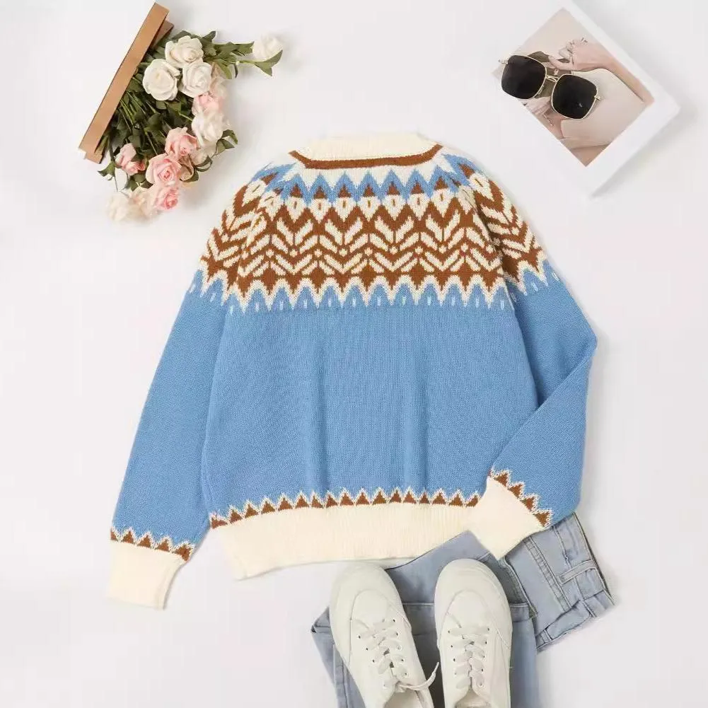 Ivyshape | Crew Neck Icelandic Christmas Knit Pullover Sweater