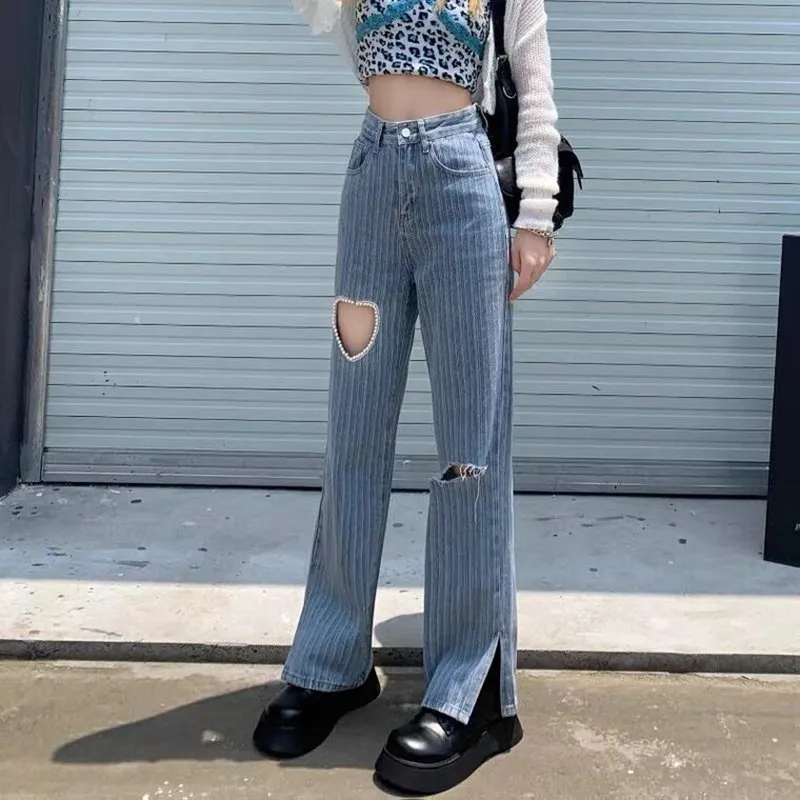 Kawaii Cutout Beaded Denim Pants