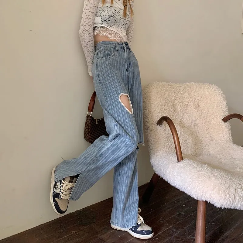 Kawaii Cutout Beaded Denim Pants