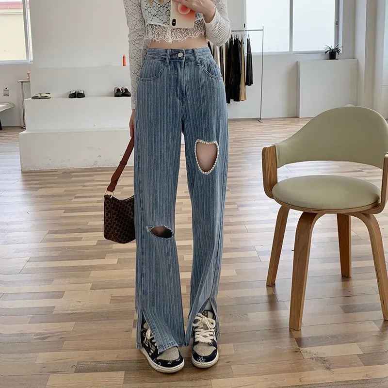Kawaii Cutout Beaded Denim Pants
