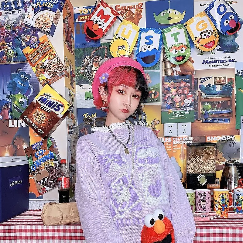 Kawaii Lavender Kitten Crewneck Purple Sweater