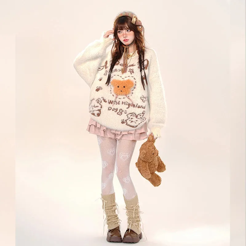 Kawaii Sweet Girl Style Cartoon Cream Bear Embroidered Sweater