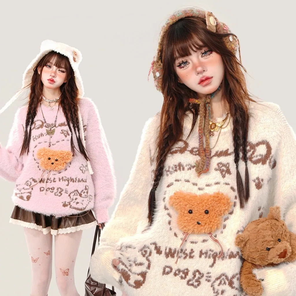 Kawaii Sweet Girl Style Cartoon Cream Bear Embroidered Sweater