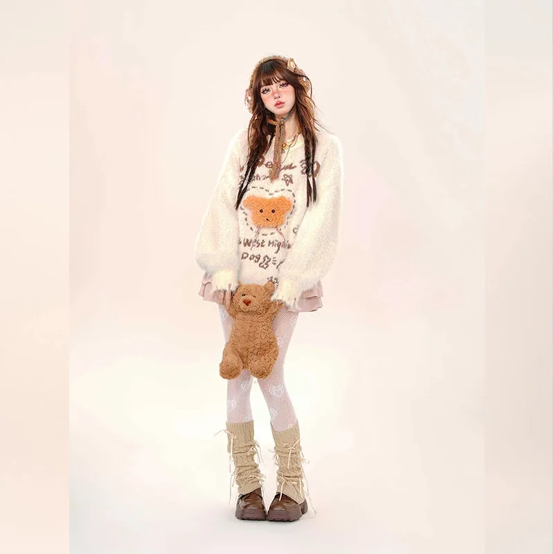 Kawaii Sweet Girl Style Cartoon Cream Bear Embroidered Sweater