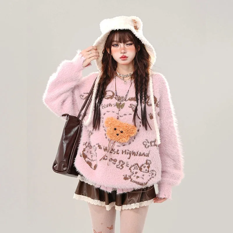 Kawaii Sweet Girl Style Cartoon Cream Bear Embroidered Sweater