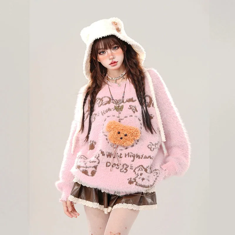 Kawaii Sweet Girl Style Cartoon Cream Bear Embroidered Sweater