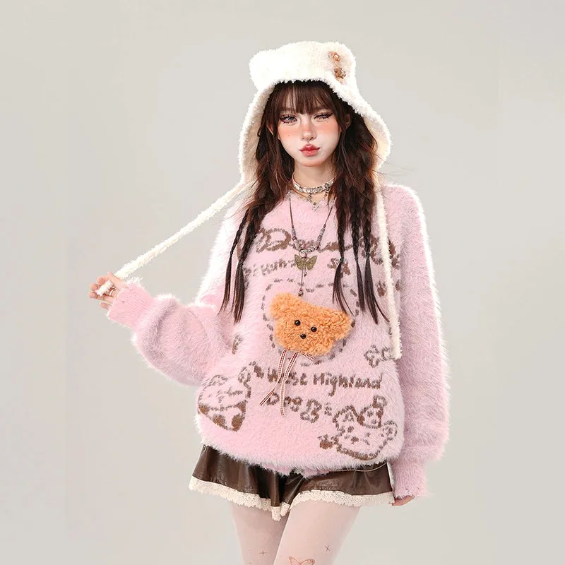 Kawaii Sweet Girl Style Cartoon Cream Bear Embroidered Sweater