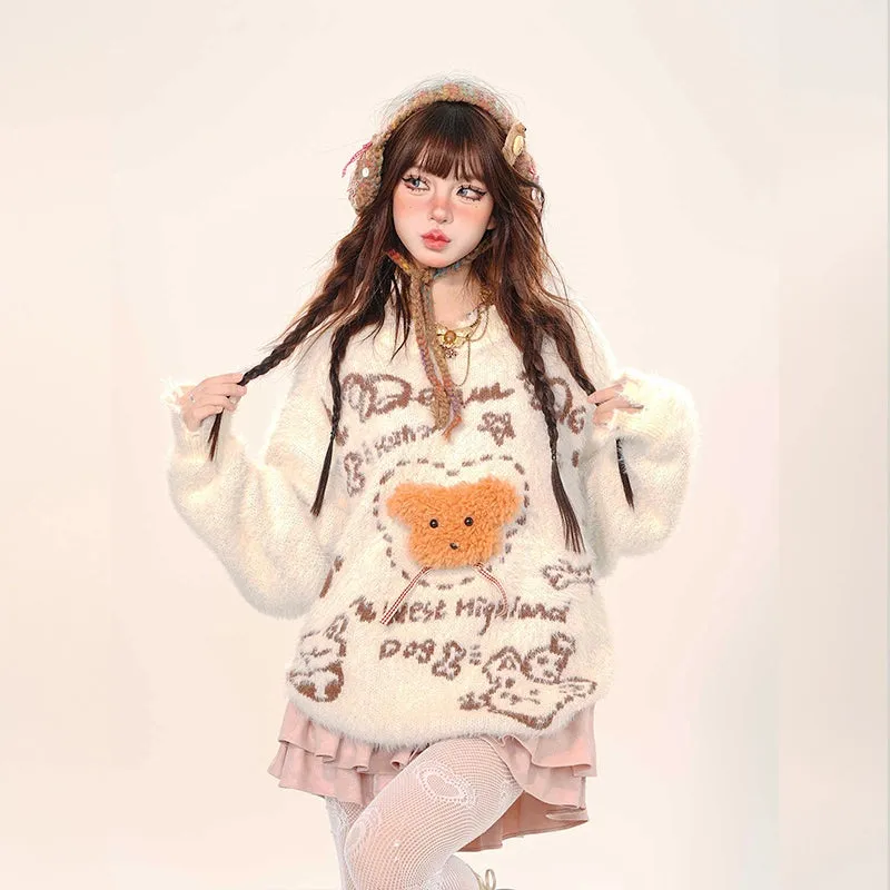 Kawaii Sweet Girl Style Cartoon Cream Bear Embroidered Sweater