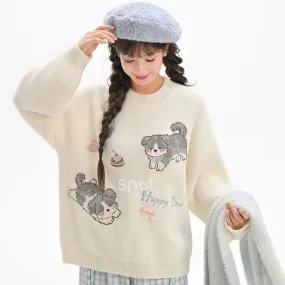 Kawaii White Cartoon Puppy Embroidered Loose Sweater