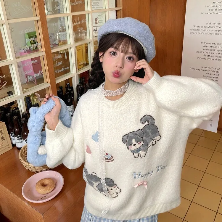 Kawaii White Cartoon Puppy Embroidered Loose Sweater