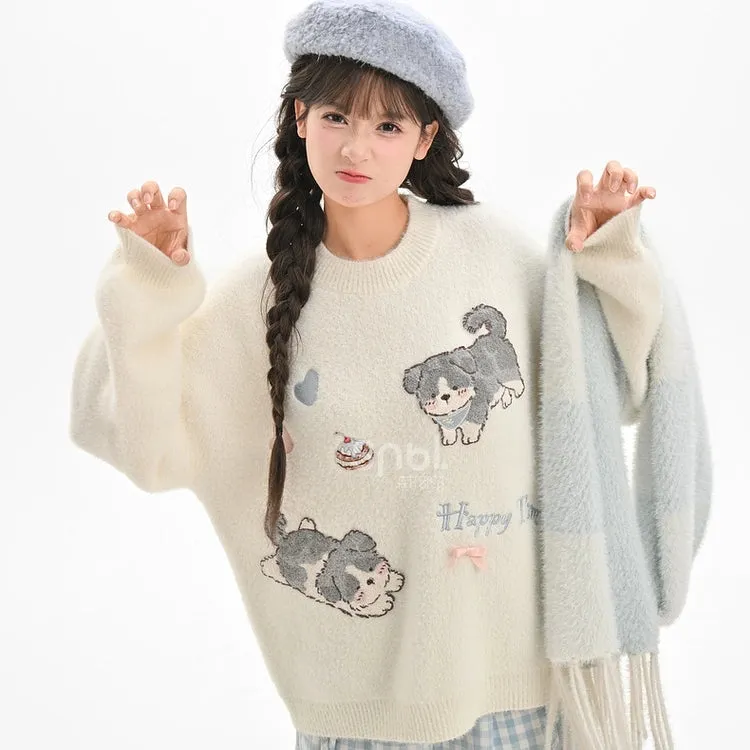 Kawaii White Cartoon Puppy Embroidered Loose Sweater