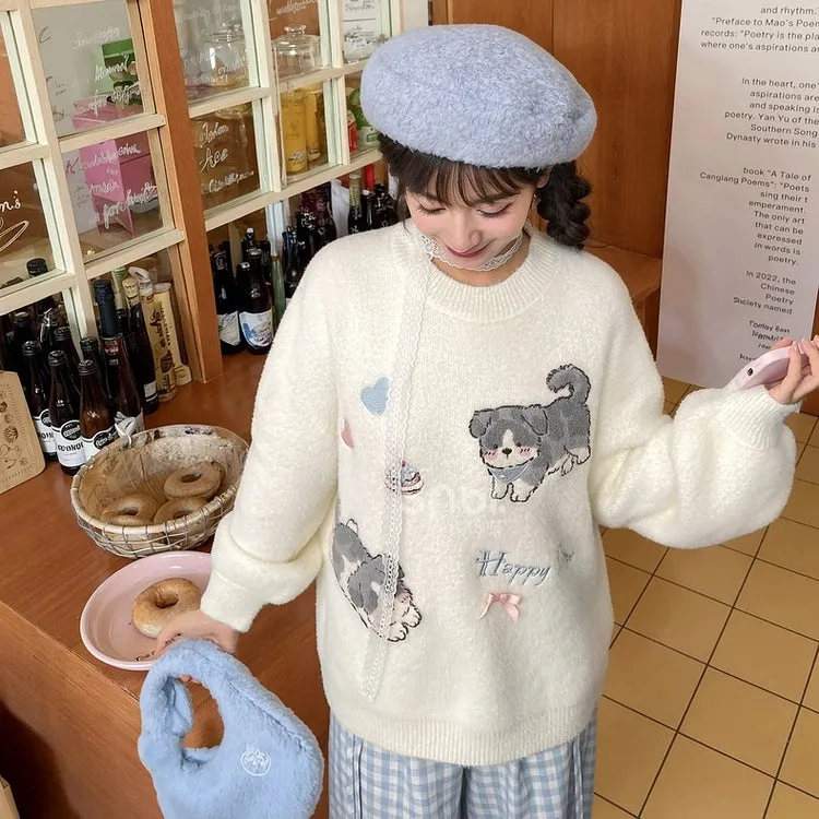 Kawaii White Cartoon Puppy Embroidered Loose Sweater