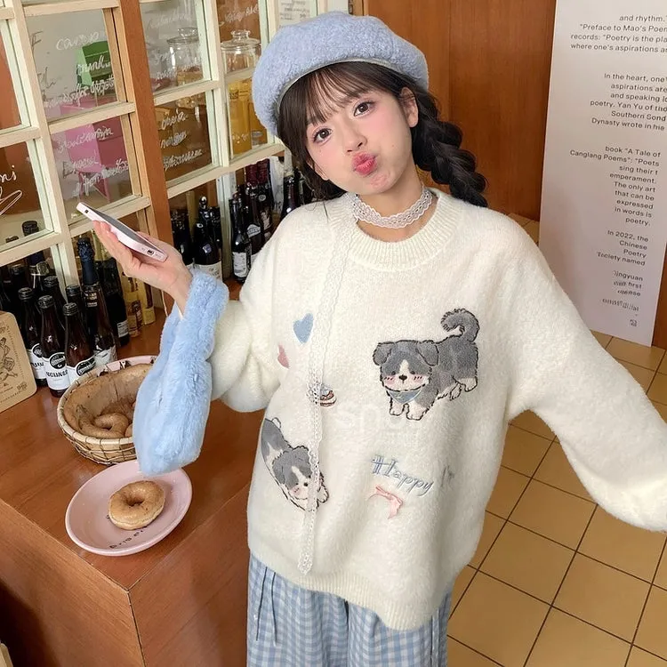 Kawaii White Cartoon Puppy Embroidered Loose Sweater