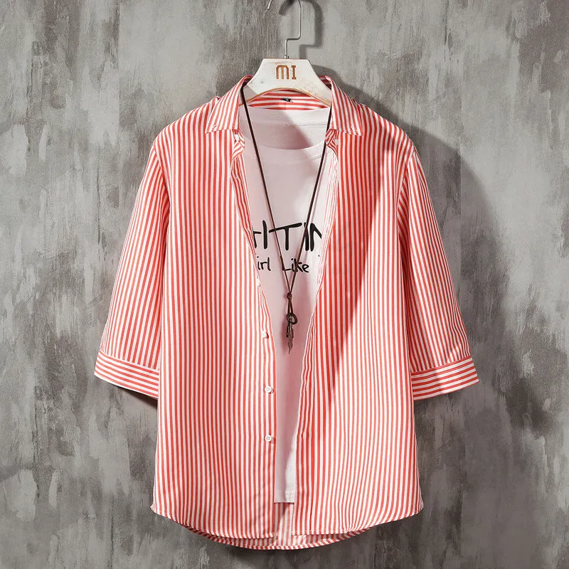 Men Printed Three-Quarter Length Sleeves Striped Shirt Trendy Casual Non-iron Youth Men Shirt