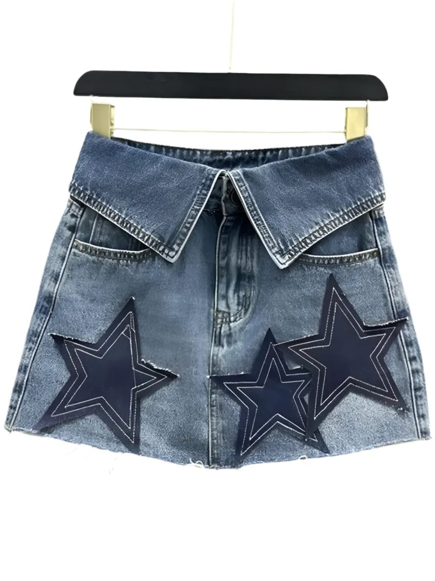 Mid blue stars jeans folded mini skirt