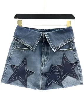 Mid blue stars jeans folded mini skirt