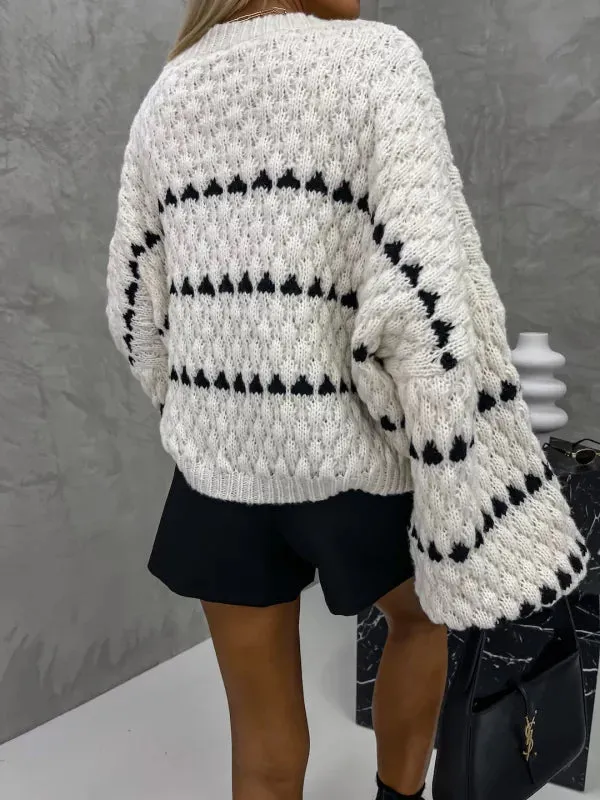 Oversized Sweaters Striped Long Lantern Sleeve Crew Neck Fall Trendy Knit Pullover Sweater