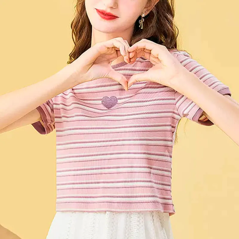 Pastel Pink Striped Crop Top With Heart