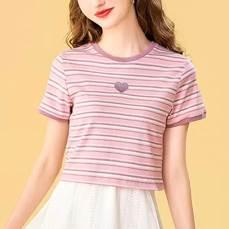 Pastel Pink Striped Crop Top With Heart