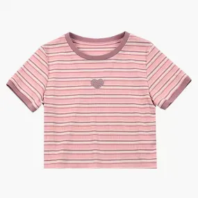 Pastel Pink Striped Crop Top With Heart