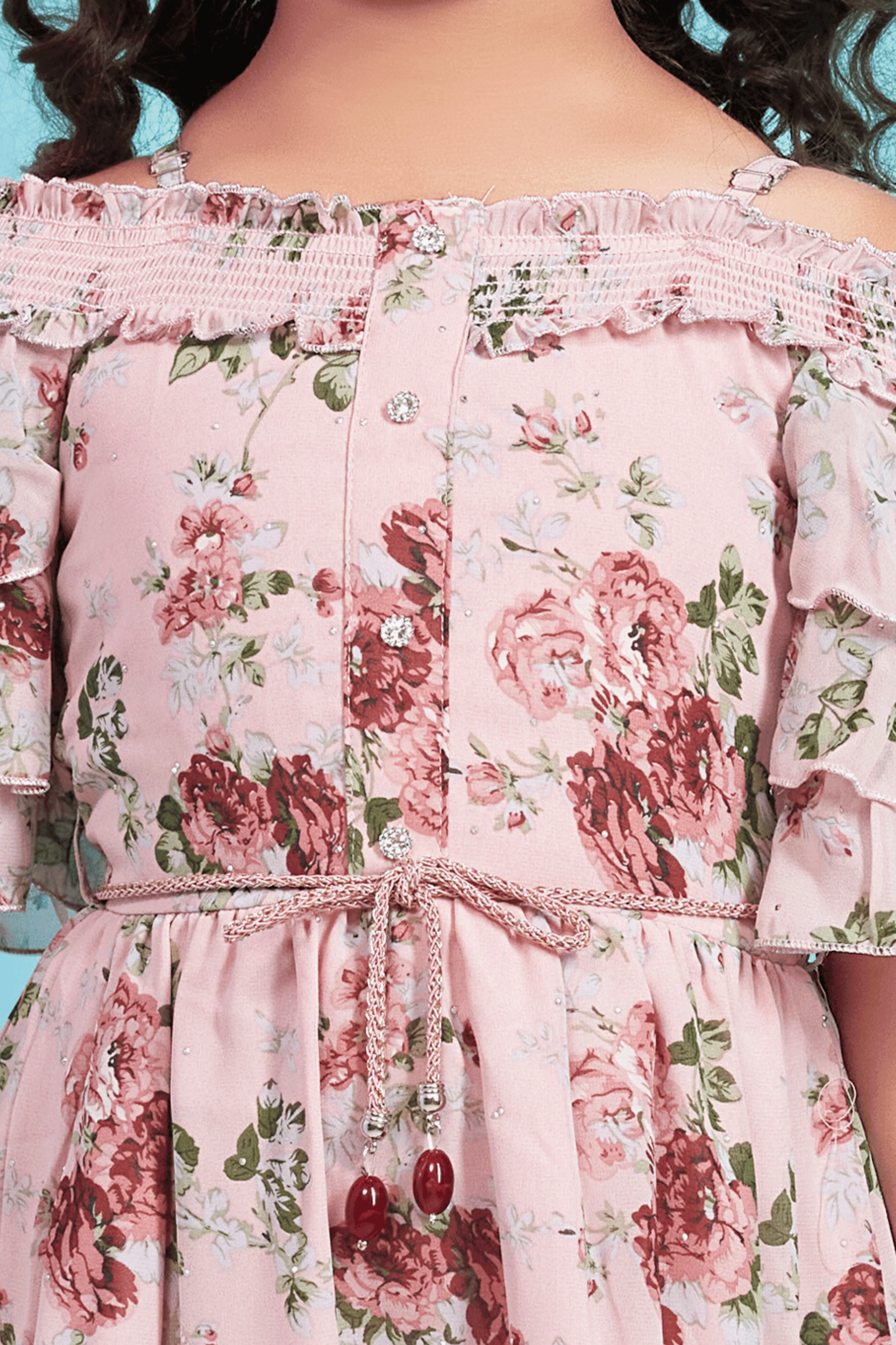 Peach Floral Print Knee Length Casual Frock For Girls