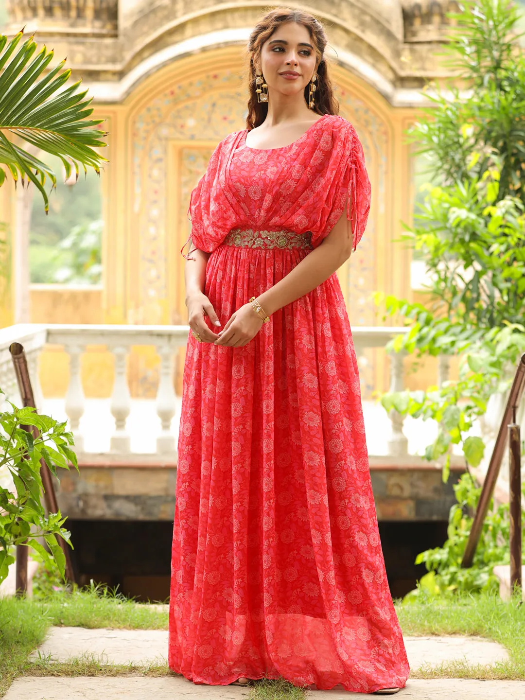 Pink Georgette Floral Print Flared Gown