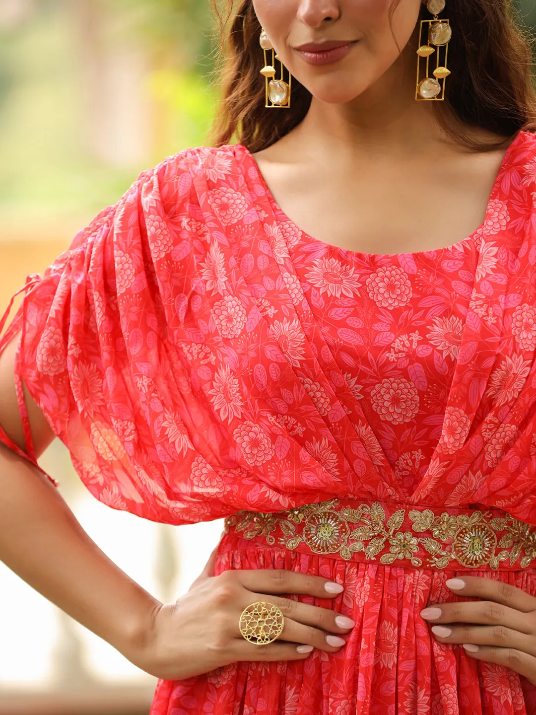 Pink Georgette Floral Print Flared Gown