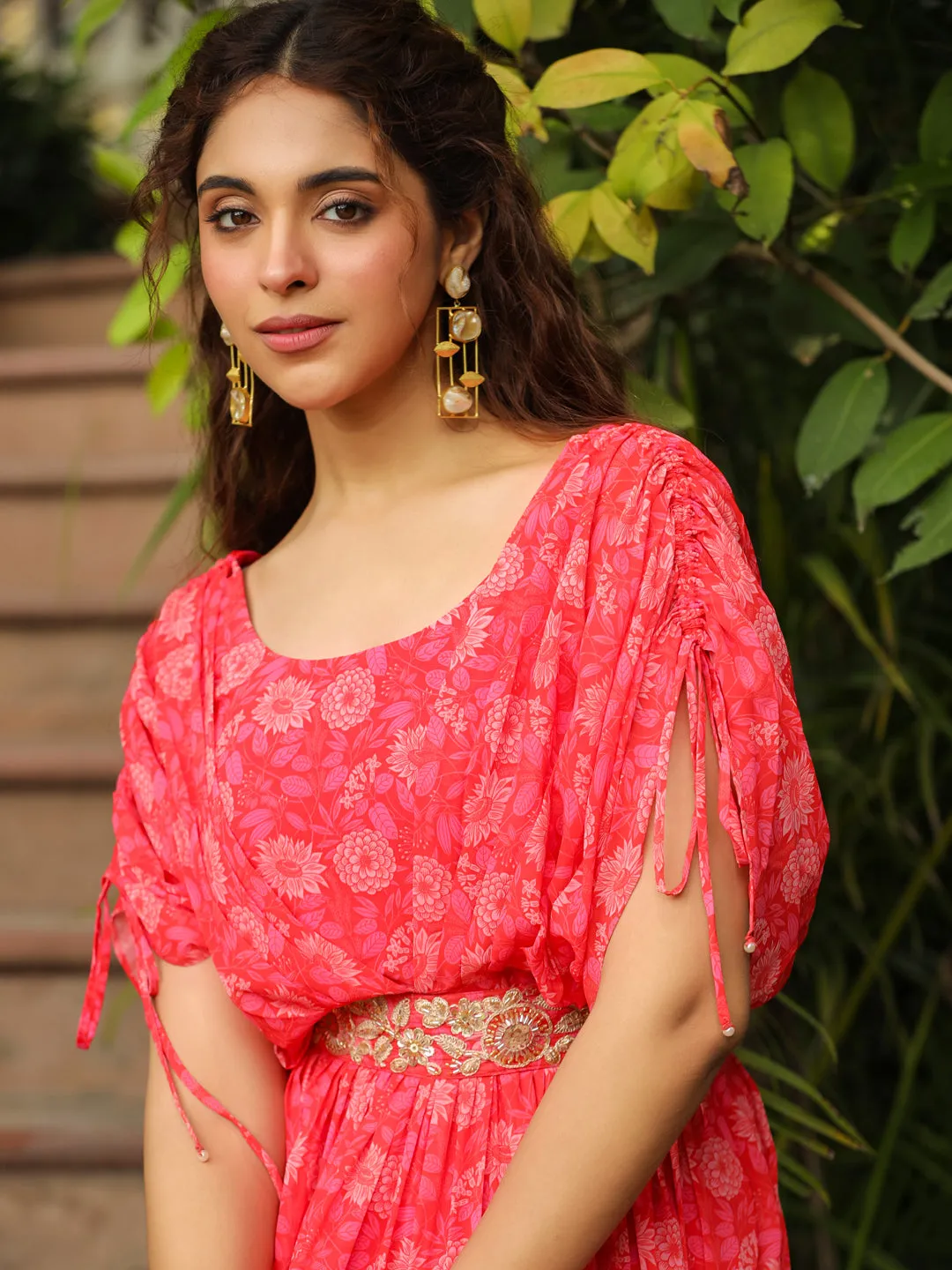 Pink Georgette Floral Print Flared Gown