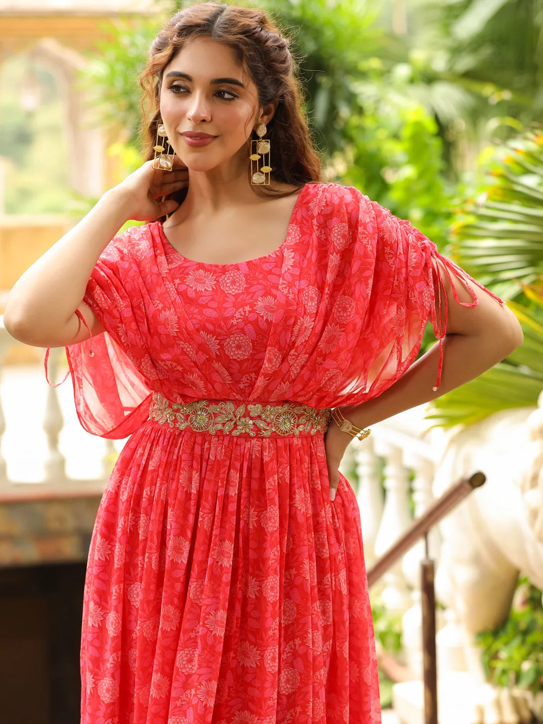 Pink Georgette Floral Print Flared Gown