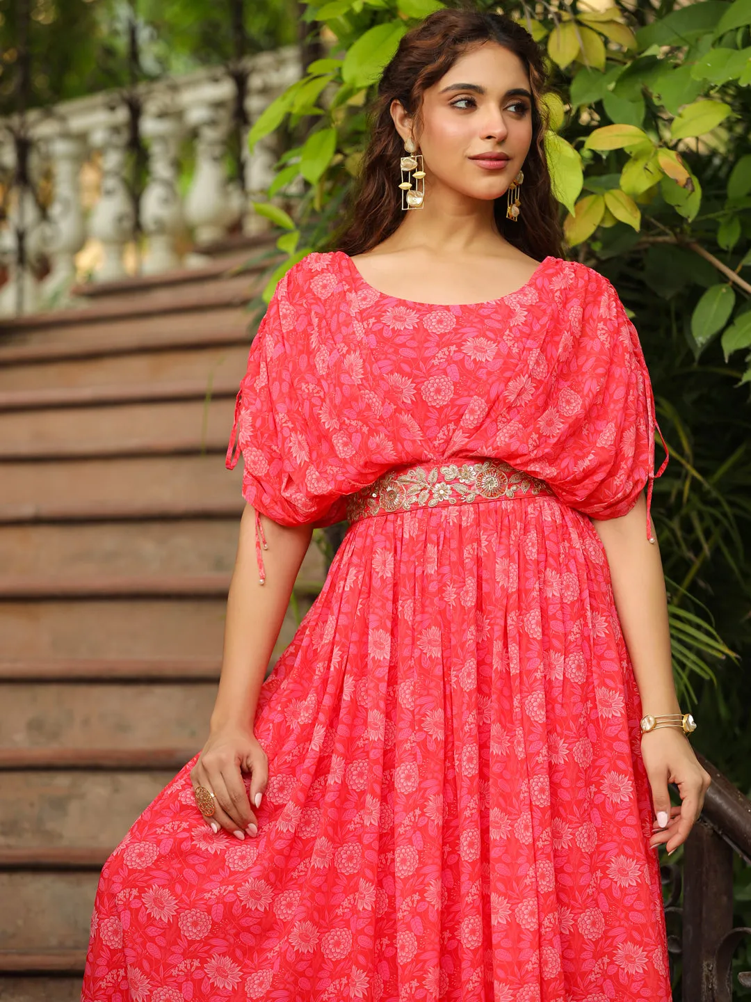 Pink Georgette Floral Print Flared Gown