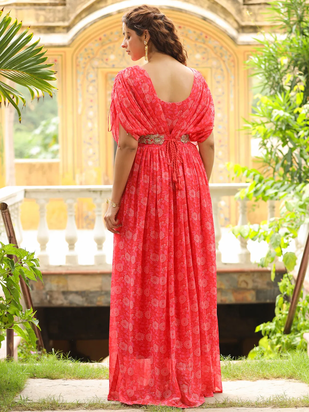 Pink Georgette Floral Print Flared Gown
