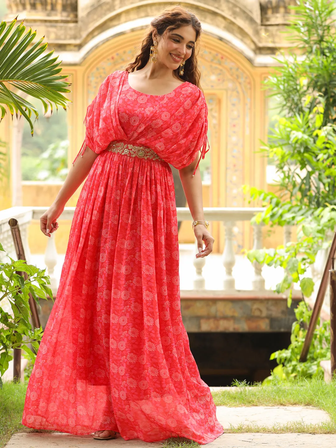 Pink Georgette Floral Print Flared Gown