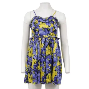 Purple Yellow Floral Print Pleated Ruffle Mini Dress