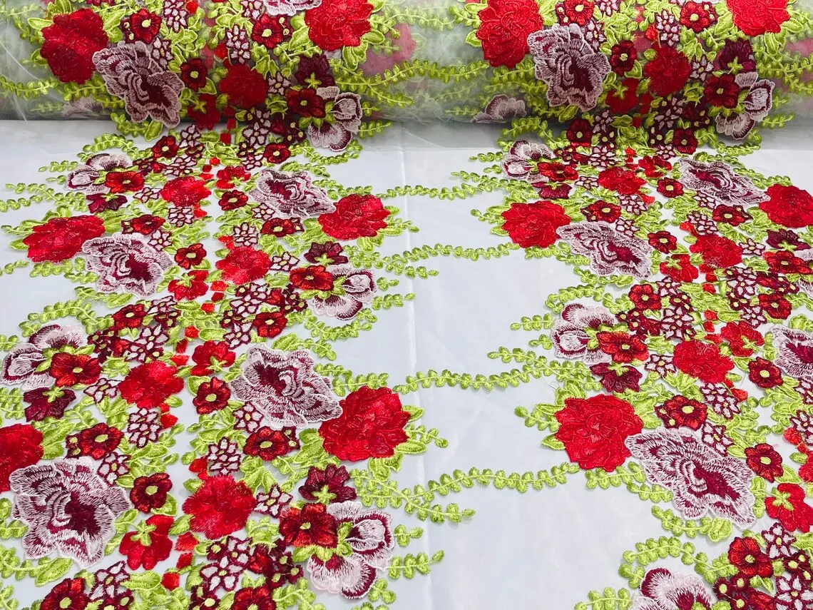 Roses Multi Color Floral Design Embroider On Mesh Lace (by the yard)
