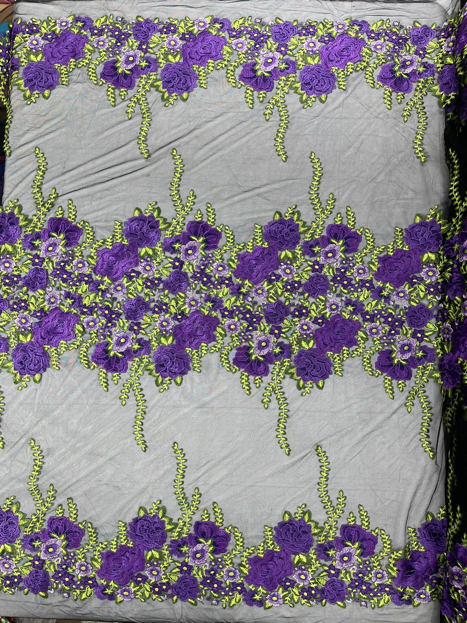 Roses Multi Color Floral Design Embroider On Mesh Lace (by the yard)