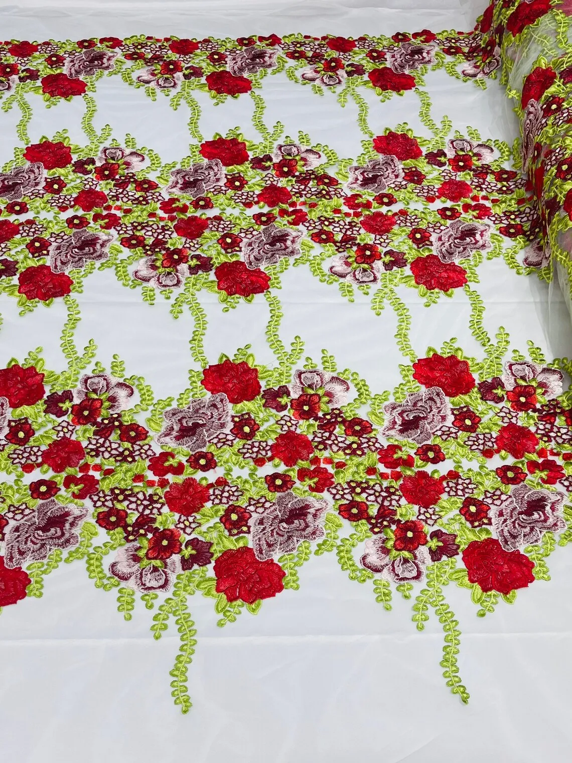 Roses Multi Color Floral Design Embroider On Mesh Lace (by the yard)