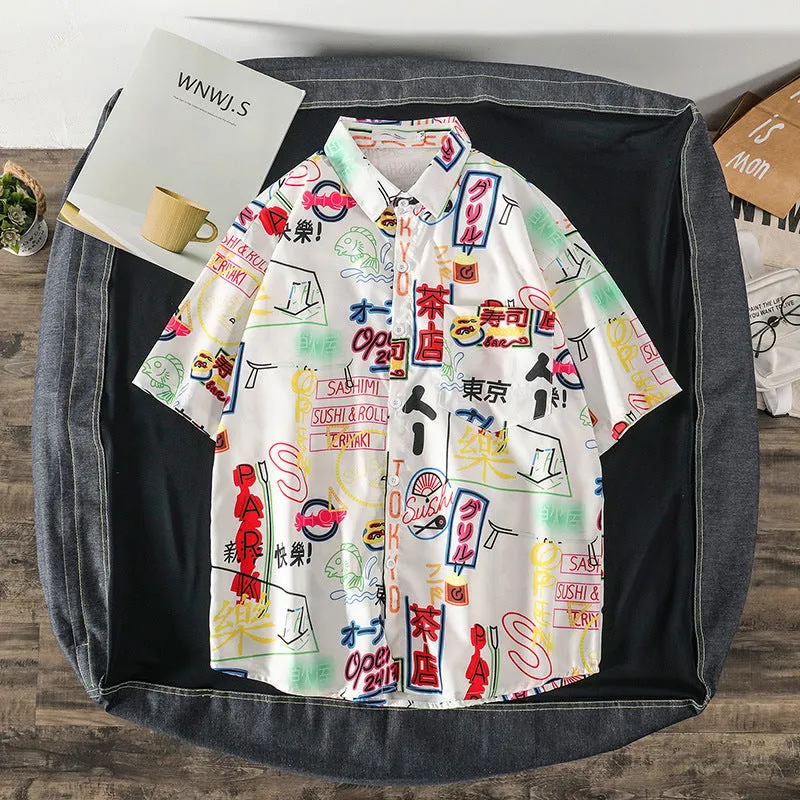 Shirt Men Short Sleeve Hong Kong Japanese Summer Korean Trendy Stylish Casual All-Matching Mid-Length Men Shirt