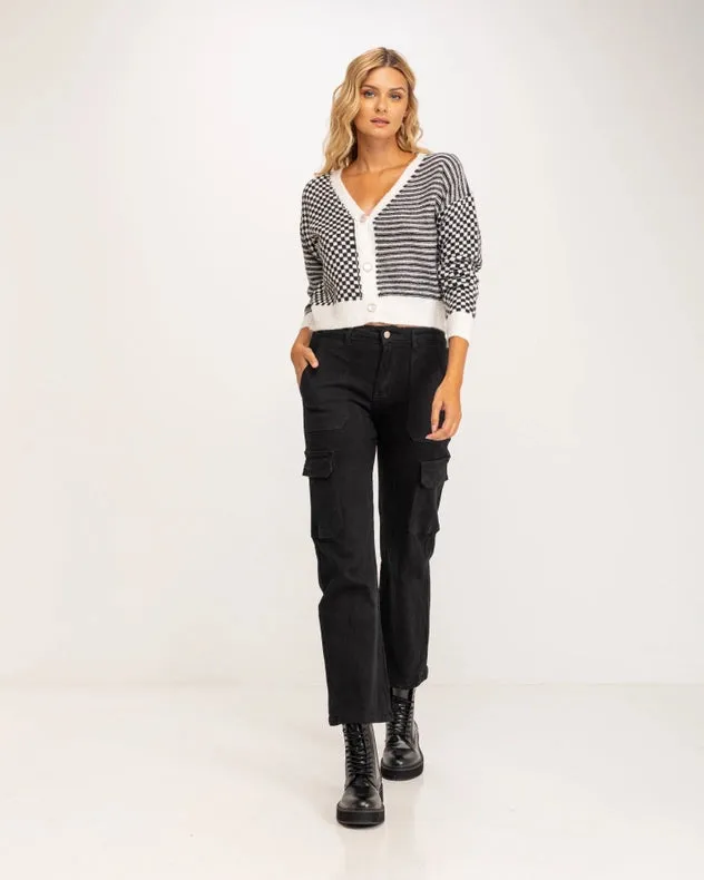 Striped And Checkered Cardigan-Style Short Jacket With Buttons Black