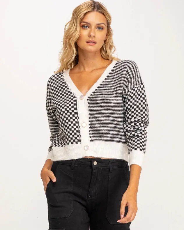 Striped And Checkered Cardigan-Style Short Jacket With Buttons Black