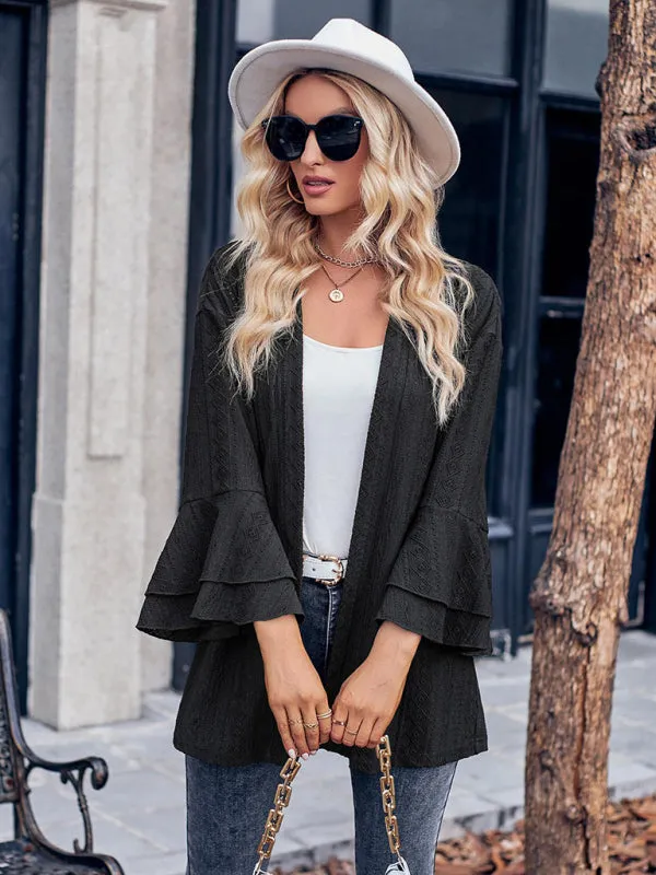 Trendy Eyelet Cardigan - Women's Knit Sweater with Bell Sleeves