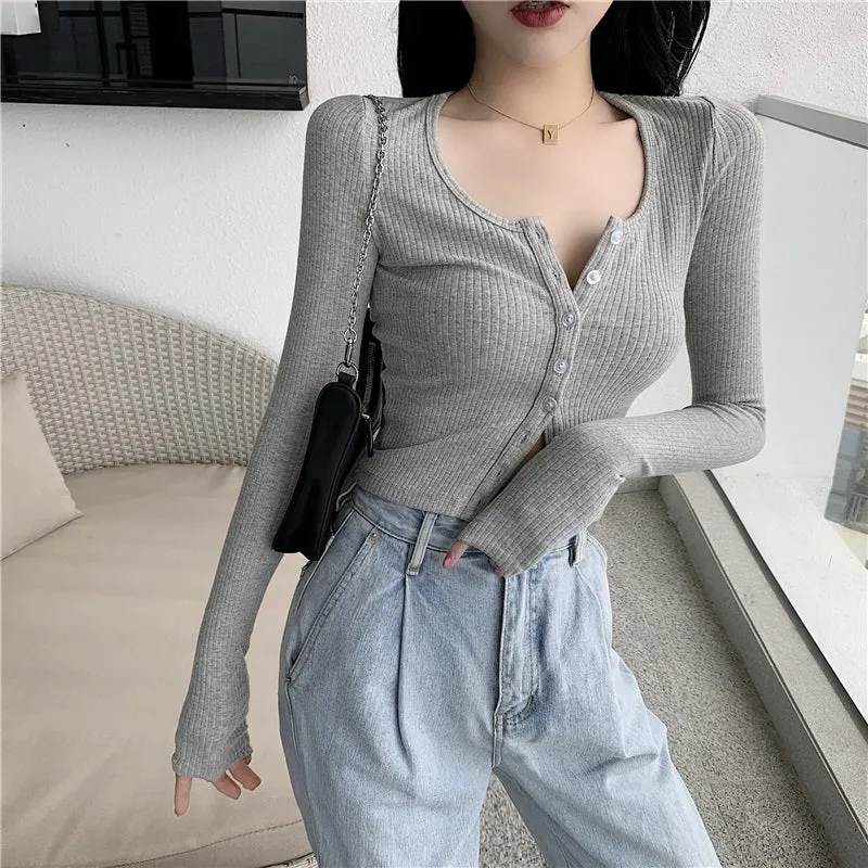 Trendy Fit Cozy O-neck Knitted Button-Up Long Sleeve Crop Top Sweaters